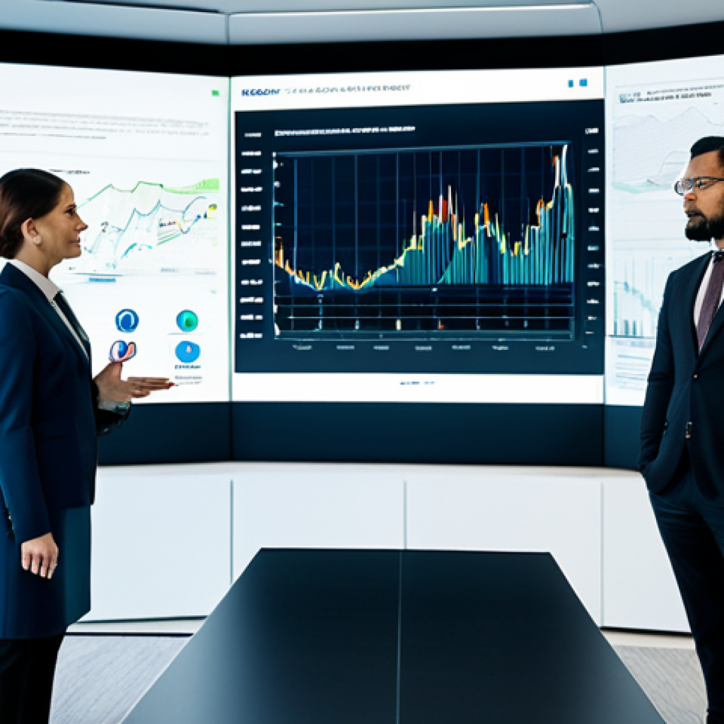 A diverse group of four professional individuals, fully clothed in modern business attire, engaged in a collaborative discussion around a large holographic display. The setting is a sleek, contemporary financial institution boardroom with large screens displaying abstract blockchain network graphics and global market data. The room features elegant, minimalist design elements. High-resolution, sharp focus, professional studio lighting, perfect anatomy, correct proportions, natural poses, well-formed hands, proper finger count, natural body proportions, appropriate content, safe for work, modest clothing, family-friendly.