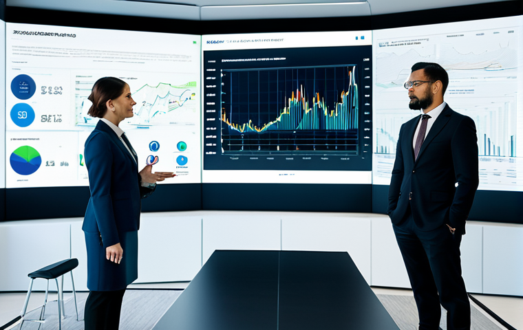 A diverse group of four professional individuals, fully clothed in modern business attire, engaged in a collaborative discussion around a large holographic display. The setting is a sleek, contemporary financial institution boardroom with large screens displaying abstract blockchain network graphics and global market data. The room features elegant, minimalist design elements. High-resolution, sharp focus, professional studio lighting, perfect anatomy, correct proportions, natural poses, well-formed hands, proper finger count, natural body proportions, appropriate content, safe for work, modest clothing, family-friendly.