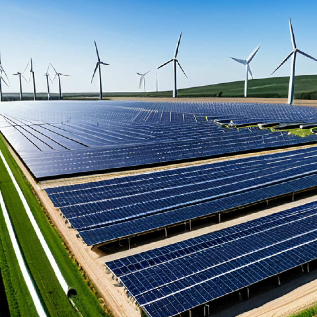 **Image of a Sustainable Cryptocurrency Mining Farm:** "A modern cryptocurrency mining farm powered by solar panels, surrounded by wind turbines, fully clothed engineers monitoring the equipment, showcasing green energy solutions, safe for work, appropriate content, perfect anatomy, natural proportions, professional photography, high quality, family-friendly."