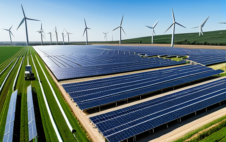 **Image of a Sustainable Cryptocurrency Mining Farm:** "A modern cryptocurrency mining farm powered by solar panels, surrounded by wind turbines, fully clothed engineers monitoring the equipment, showcasing green energy solutions, safe for work, appropriate content, perfect anatomy, natural proportions, professional photography, high quality, family-friendly."