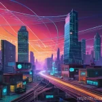 디지털화폐 법적 규제의 발전 방향 - **Prompt:** A vivid, high-resolution digital painting depicting a futuristic cityscape at dusk, wher...