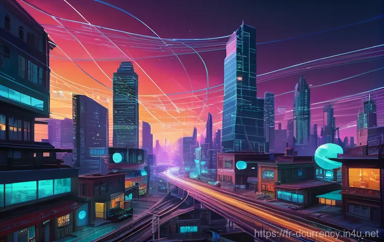 디지털화폐 법적 규제의 발전 방향 - **Prompt:** A vivid, high-resolution digital painting depicting a futuristic cityscape at dusk, wher...