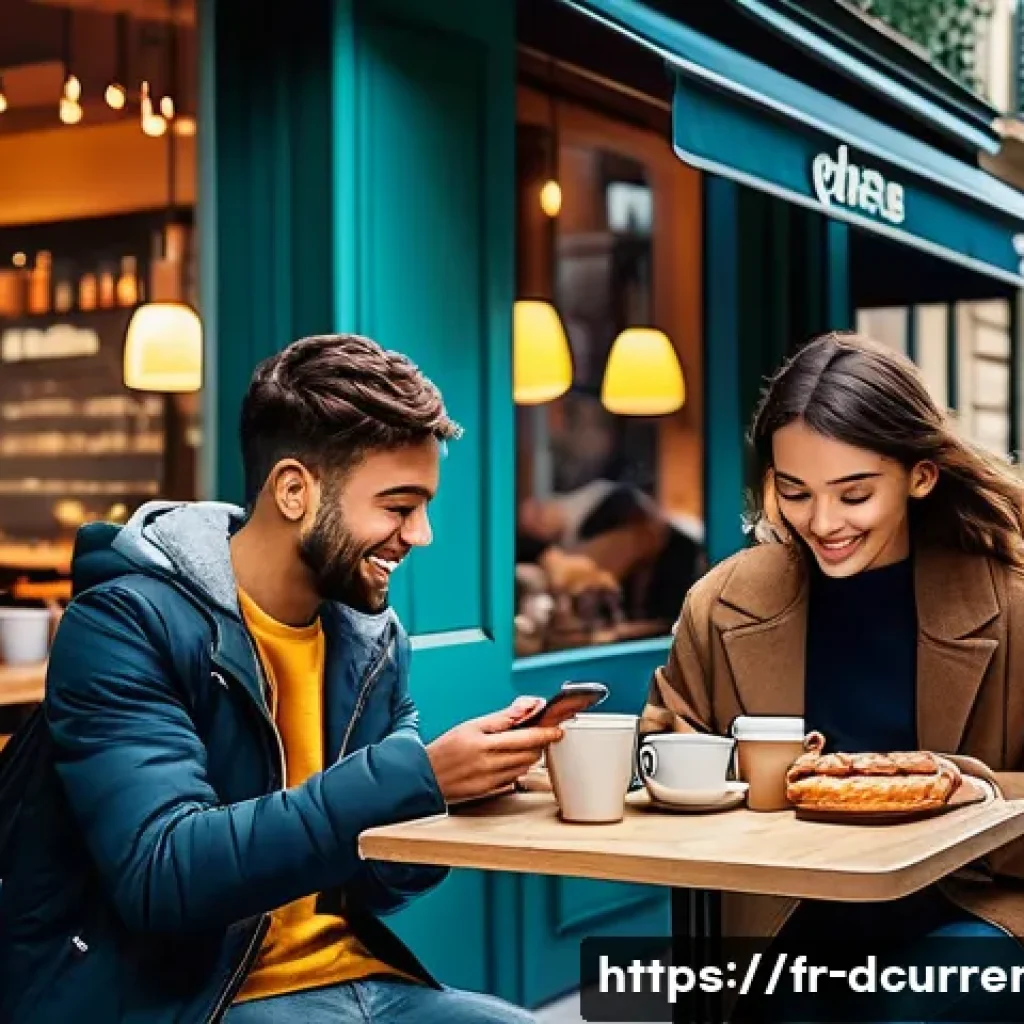 디지털화폐의 경제적 효과 분석 - A vibrant urban caf&eacute; scene in Paris with young adults using digital wallets on smartphones to pay fo...