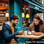 디지털화폐의 경제적 효과 분석 - A vibrant urban caf&eacute; scene in Paris with young adults using digital wallets on smartphones to pay fo...