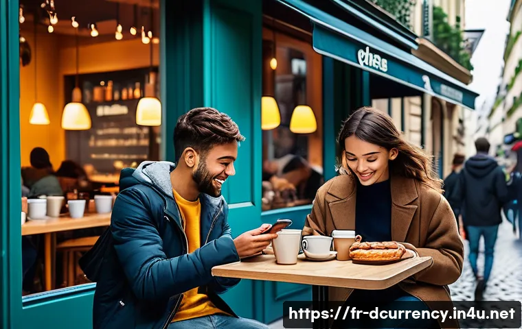 디지털화폐의 경제적 효과 분석 - A vibrant urban caf&eacute; scene in Paris with young adults using digital wallets on smartphones to pay fo...