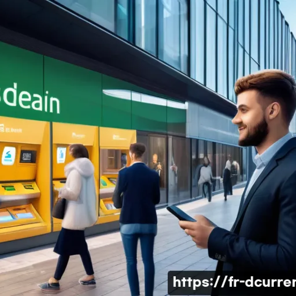 디지털화폐와 암호화폐의 차이점 분석 - A modern European urban setting showing a diverse group of people using various digital payment meth...