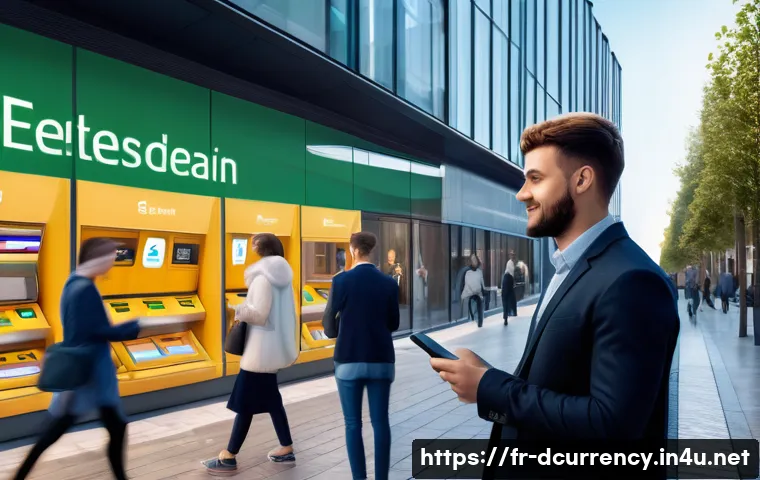 디지털화폐와 암호화폐의 차이점 분석 - A modern European urban setting showing a diverse group of people using various digital payment meth...