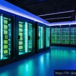 디지털화폐의 채굴과 분배 시스템 - A detailed futuristic blockchain mining operation scene inside a high-tech data center in Paris, fea...