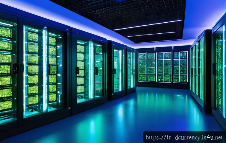 디지털화폐의 채굴과 분배 시스템 - A detailed futuristic blockchain mining operation scene inside a high-tech data center in Paris, fea...