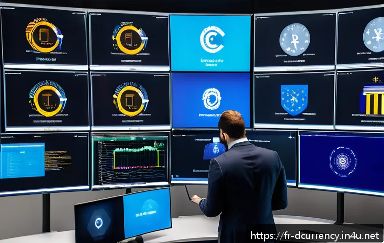 디지털화폐 거래시 유의사항 - A professional European cryptocurrency exchange office scene, featuring a diverse team of experts an...