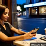 디지털화폐와 개인 정보 보호 기술 - Photorealistic scene inside a contemporary Paris café at blue hour, a French woman using a sleek sma...