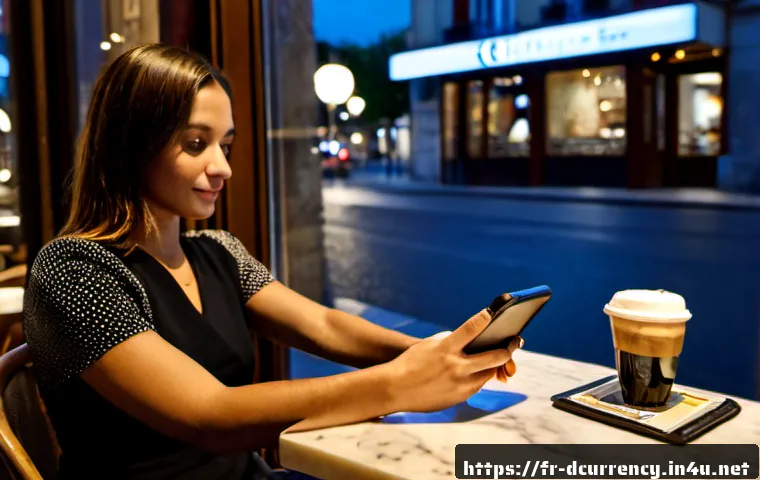 디지털화폐와 개인 정보 보호 기술 - Photorealistic scene inside a contemporary Paris café at blue hour, a French woman using a sleek sma...