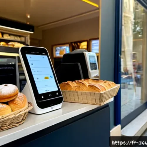 디지털화폐의 블록체인 기술 적용 사례 - Photorealistic Parisian neighborhood bakery checkout using digital euro payments, a customer holding...