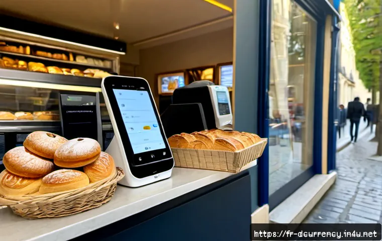 디지털화폐의 블록체인 기술 적용 사례 - Photorealistic Parisian neighborhood bakery checkout using digital euro payments, a customer holding...