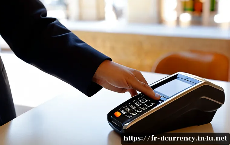 디지털화폐의 결제 시스템 발전 - Photorealistic modern Parisian café checkout scene, an adult customer using a smartphone contactless...
