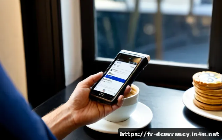 Home 17 디지털화폐의 경쟁력과 경제적 효과 - Photorealistic modern French café workspace in Paris, a middle-aged professional using a smartphone ...